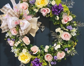 Hydrangea and rose wreath, floral wreath for wedding, summer door decoration