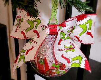 Grinch inspired Christmas ornaments, 5 inch holiday ornaments with grinch bow, grinch Christmas 2022 ornament, customize grinch ornament