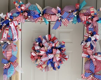 Patriotic wreath and garland, july 4th garland, memorial day wreath, Americana garland, paisley 4th of july wreath