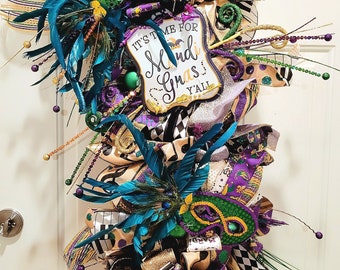 Mardi gras swag, whimsical jester wreath decoration, mardi gras beads door hanger