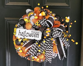 Whimsical halloween wreath with lights. Candy corn halloween swag,