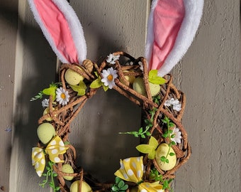 Easter wreath with bunny ears, spring floral grapevine wreath, Easter egg wreath, boxwood and eucalyptus wreath