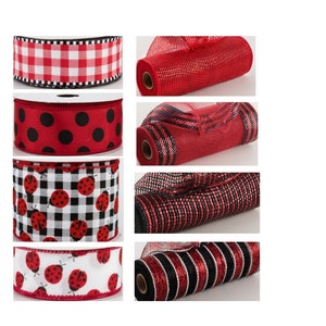May include: Assortment of red and black ribbon and mesh for crafting. The ribbon features gingham, polka dots, and ladybug patterns. The mesh is red with black stripes.