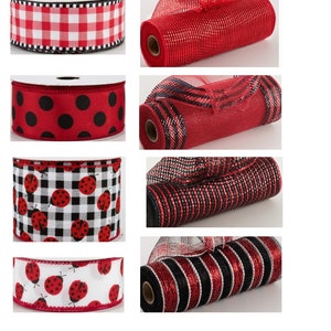 May include: Assortment of red and black ribbon rolls with various patterns, including gingham, polka dots, and ladybugs.