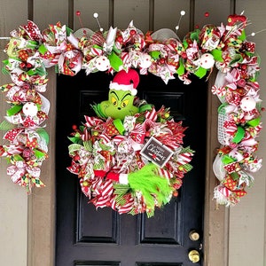 Christmas green monster garland and wreath set, holiday mesh wreath and garland, fireplace christmas wreath, mantle green monster garland,