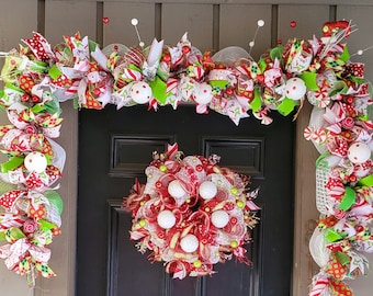 Christmas mesh wreath and garland set,grinchy green monster  garland,  Whimsical winter door decorations, DIY Christmas garland and wreath