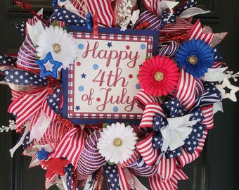 Patriotic wreath, 4th of July swag, red white and blue summer wreath