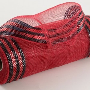 May include: Red and black plaid wired ribbon with a metallic sheen. The ribbon is 10 inches wide and is perfect for crafting and decorating.