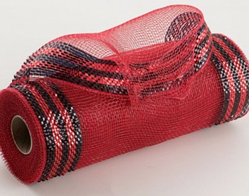 May include: Red and black plaid wired ribbon with a metallic sheen. The ribbon is 10 inches wide and is perfect for crafting and decorating.