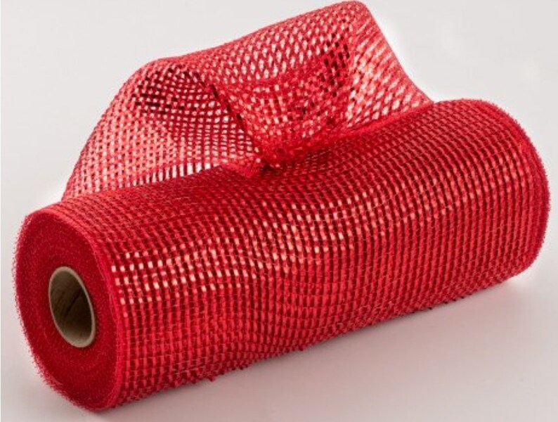 May include: A roll of red mesh ribbon with a shiny finish. The mesh is a fine weave and the ribbon is rolled on a cardboard core.