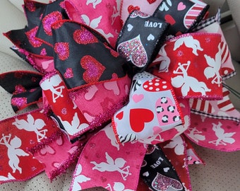 Whimsical Valentines day bow,cupid bow wreath attachment,bow with hearts for gift baskets