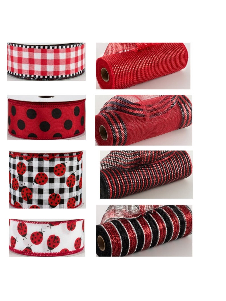 May include: Assortment of red and black ribbon rolls with various patterns, including gingham, polka dots, and ladybugs.
