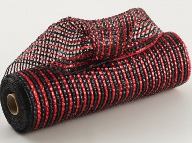 May include: Red and black striped metallic mesh ribbon. The ribbon is rolled up and has a black core.