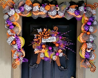 Halloween deco mesh wreath and garland set. Vintage spider, jack o'lantern, witch and eyeball wreath and garland set.