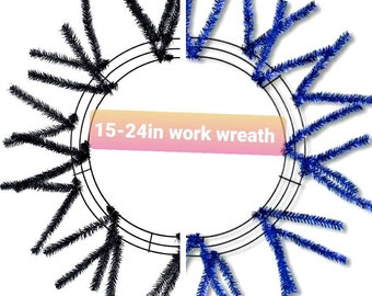 15 to 24 inch work wreath, 15in metallic blue work wreath, work wreath with black tires, wreath supplies, crafting, wreath form with ties