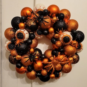 Halloween Ornament Wreath: Orange, Black, Spiders & Eyeballs