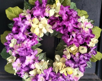 Hydrangea wreath, spring floral wreath, faux wreath for indoors, summer Hydrangea wreath, purple floral decor