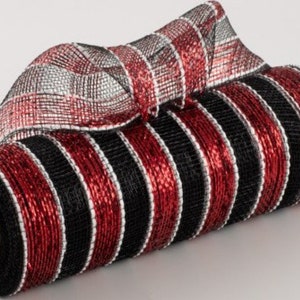 May include: A roll of 10-inch wide red, black, and silver striped metallic mesh ribbon. The ribbon is made of a shiny, metallic material and has a woven texture.