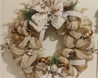 Christmas burlap and mesh wreath, holiday earthy tone wreath