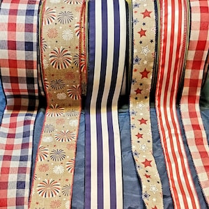 Patriotic ribbon kit, 4th of July wired ribbon, memorial day wreath supplies, red white and blue ribbon