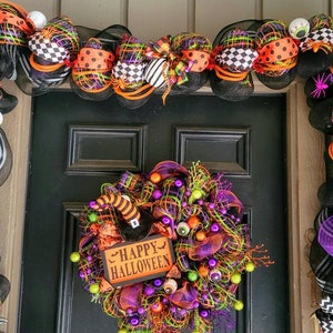 Whimsical Halloween wreath and garland set, double door halloween wreath set