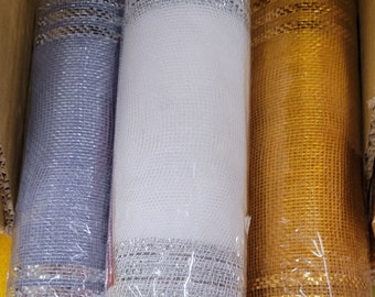 deco mesh kit, gold and silver wreath supplies, 10 inch white border stripe mesh, anniversary wreath mesh ,DIY wreath mesh