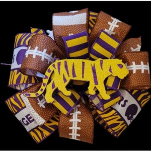 Lazo de fútbol de los Tigres de LSU, lazo de corona de fútbol universitario de Luisiana hecho a mano, lazo decorativo de LSU