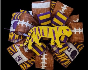 LSU tigers football bow, DIY Louisiana college football wreath bow, lsu football Christmas tree bow, college football decoration, tigers bow