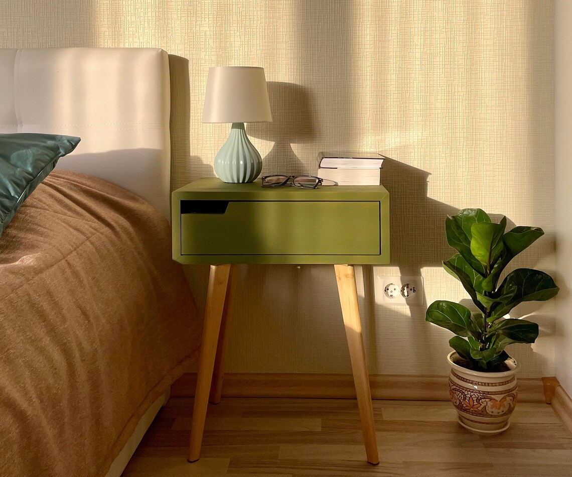 Bedside Table Green With Olive Shade Etsy