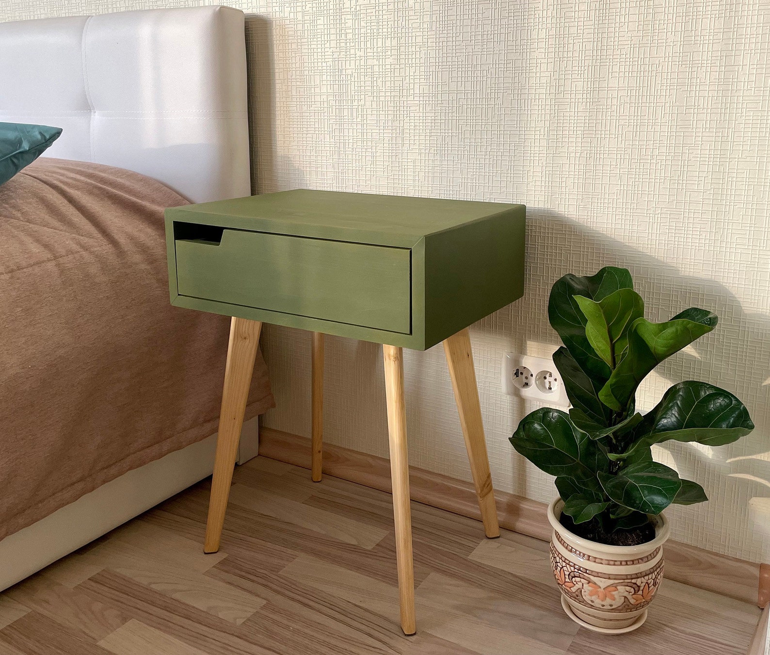 Bedside Table Green With Olive Shade Etsy