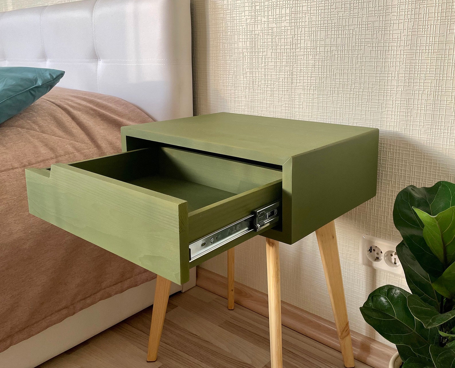 Bedside Table Green With Olive Shade Etsy