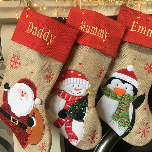 Personalised Christmas Stocking Jute Gold Embroidery Santa Snowman Penguin Sack