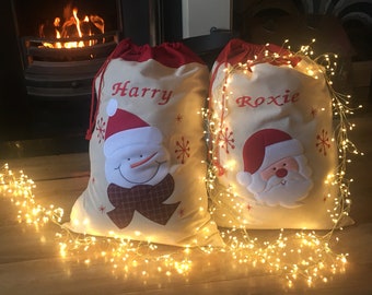Large Embroidered Personalised Christmas Santa Snowman Sack xmas stocking 50 x 70 cms