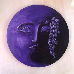 Purple Acrylic Painting Sunset Moon Stars Clouds, Hand Paint