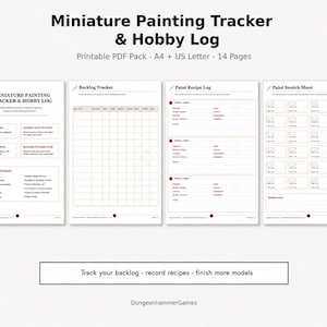 Puede incluir: Un paquete PDF imprimible titulado Miniature Painting Tracker & Hobby Log, que contiene 14 páginas en tamaños A4 y US Letter. El documento incluye un rastreador de backlog, un registro de recetas de pintura y una hoja de muestras de color.