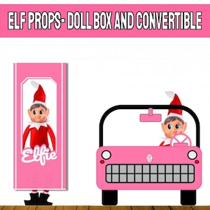 May include: Pink Elf doll prop set with a doll box and a convertible car. The doll box has a pink door with a white frame and the text "Elfie" on it. The convertible car is pink with black wheels and a black steering wheel.