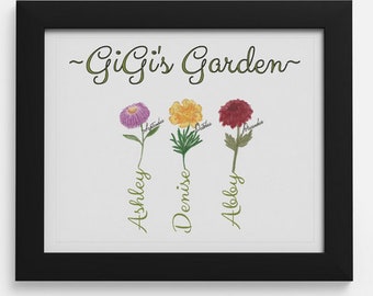 Birth Flower Garden Print- Digital download- Custom Print- Mother's Day Garden Print- Water color Birth Flowers-Hand drawn Mothers Day