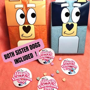 Bingo Valentijnsdagbox afdrukbare decorkit - Bluey en bingo, blauwe hondenzussen