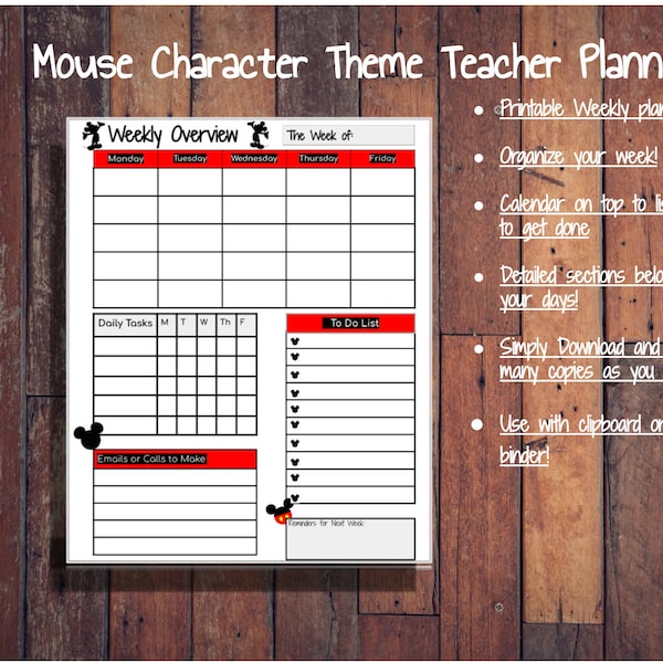 Weekly Teacher Planner Instant Download- Mouse Character