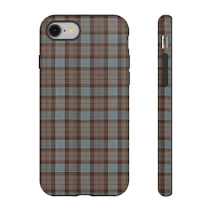 May include: A phone case featuring a plaid pattern in shades of brown, blue, and red. The case is shown from the front and side, highlighting the design and the phone's camera and buttons.