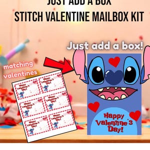 May include: A Valentine's Day mailbox kit featuring a blue cartoon character with large eyes and ears, surrounded by red hearts. The kit includes matching valentines with the text "Happy Valentine's Day!" and the phrase "Just add a box!"