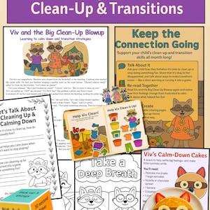May include: Educational resource for children featuring raccoon characters. Includes a book titled "Viv and the Big Clean-Up Blowup", coloring pages, and a timer. The theme focuses on cleaning up and managing emotions.
