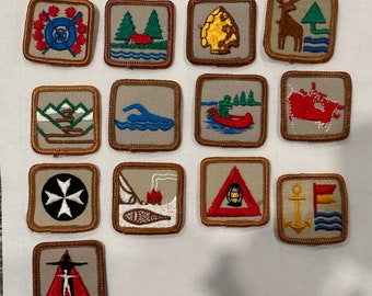 May include: A collection of 14 vintage Boy Scout merit badges, featuring a variety of themes, including camping, nature, and first aid. The badges are square and have a brown border with a beige background. The designs are embroidered in various colours, including red, blue, green, yellow, and white.