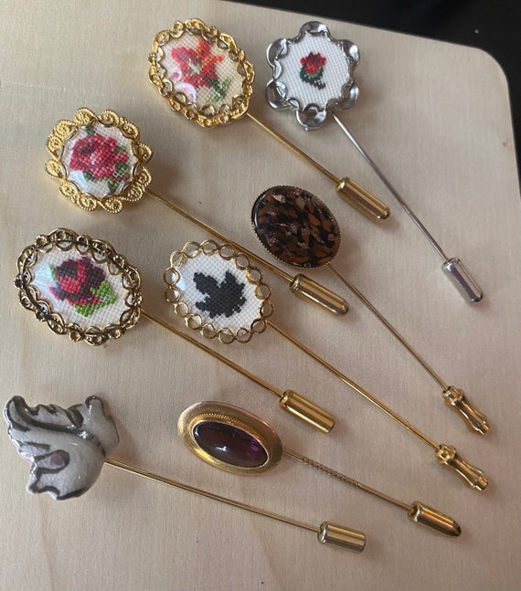 Assorted vintage stick pins, hat pins, coat pins. Each sold separately.