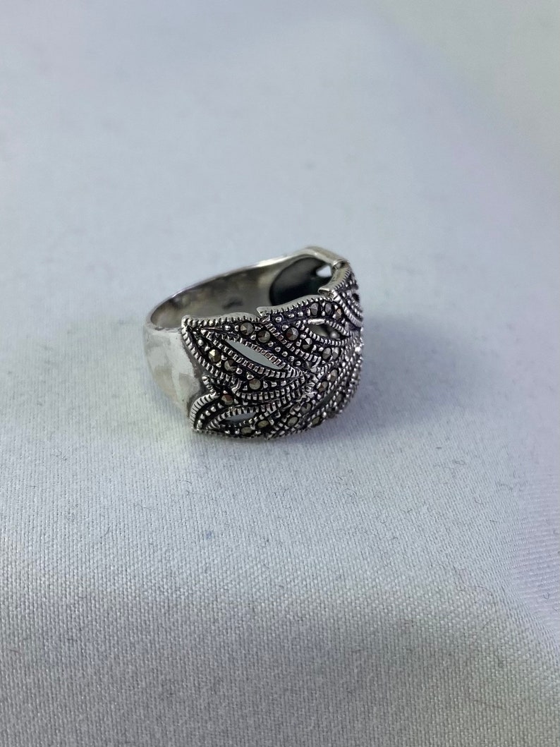 925 silver stamped marcasite statement ring Size 6 14
