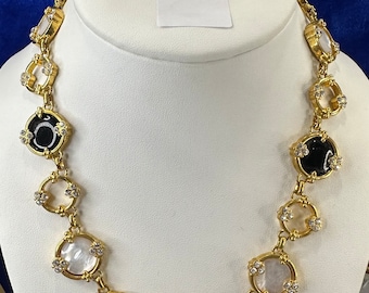 Vintage gold coloured necklace and earring set with mother of pearl and onyx