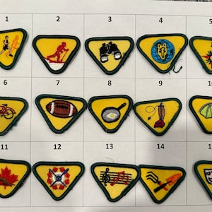 May include: Fifteen yellow and green triangular patches, each embroidered with a unique design. The patches feature images of running, skiing, binoculars, a compass, a bicycle, a football, a frying pan, a vacuum cleaner, a tent, a maple leaf, musical notes, and theatre masks. The patches are for a youth organization.