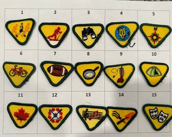 May include: Fifteen yellow and green triangular patches, each embroidered with a unique design. The patches feature images of running, skiing, binoculars, a compass, a bicycle, a football, a frying pan, a vacuum cleaner, a tent, a maple leaf, musical notes, and theatre masks. The patches are for a youth organization.