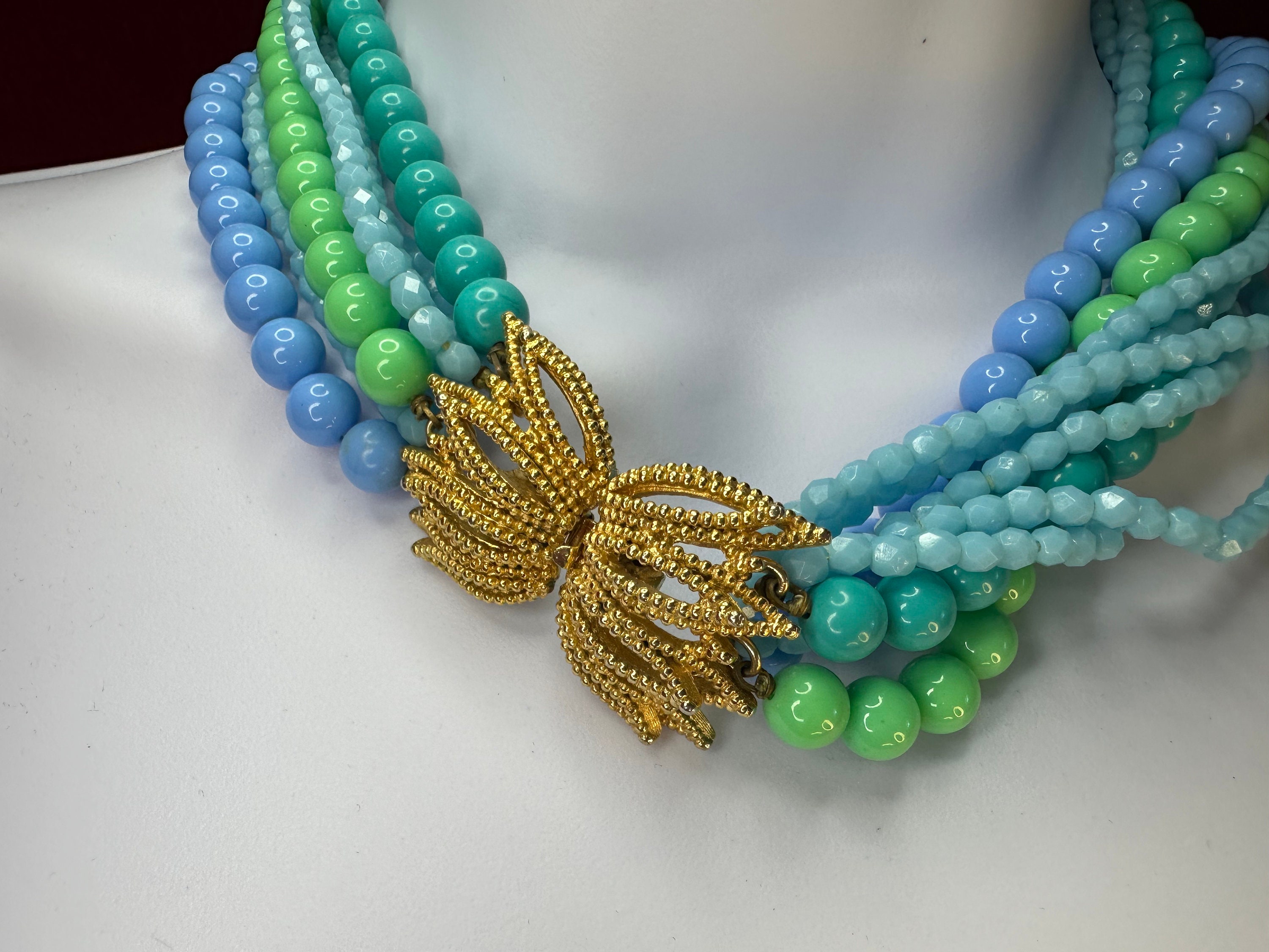 Collier Vintage Perles En Bois Vert Et Or - Fermoir Vis P, Fantaisie Femme - Occasion Très Bon état