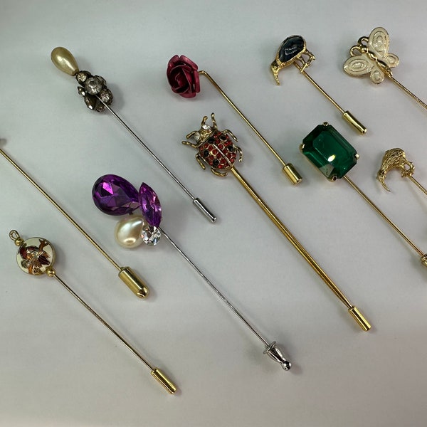 Assorted vintage stick pins, lapel pins, hat pins. Each sold separately